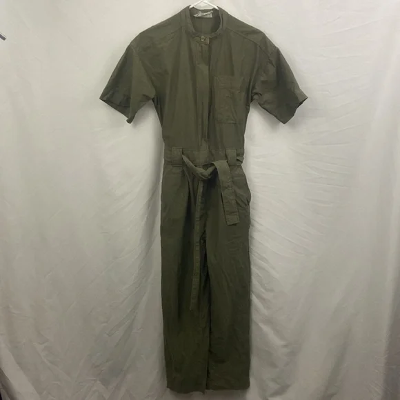 Everlane The Fatigue Utility Short Sleeve Linen Blend Jumpsuit Army Green Sz 00 - Picture 3 of 12